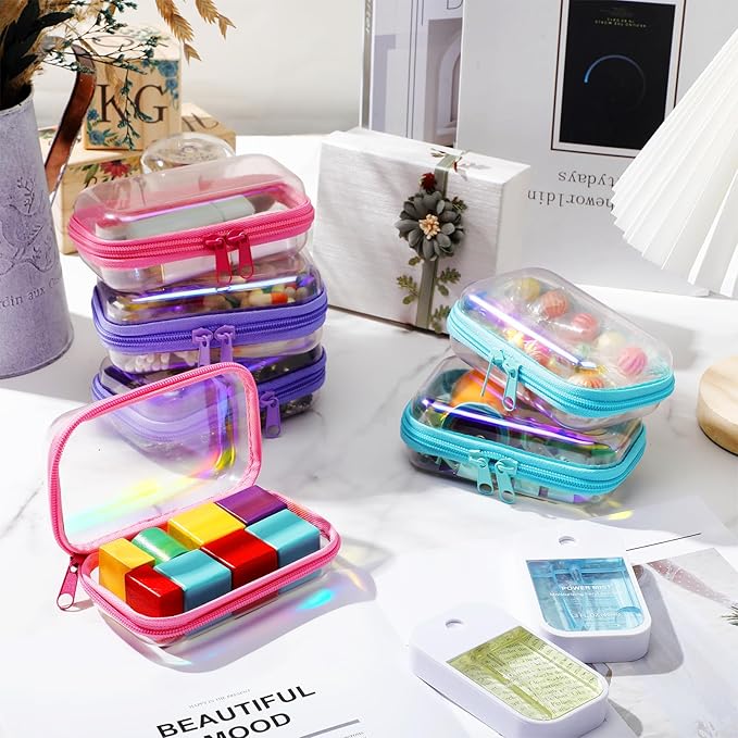 Sanwuta 6 Pcs Clear Hard Zipper Case Hard Plastic Zipper Pouches Transparent Makeup Bag Pencil Pouches for Travel Snacks Christmas Trinket Storage Organizer Box(Holographic,5 x 3 x 2 Inch)