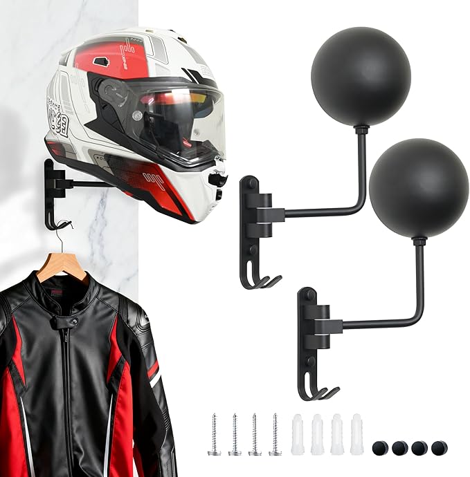 Metal Motorcycle Helmet Holder (2 Pack), 180° Rotating Wall Mounted Helmet Rack with Double Hooks, Helmet Hanger Easy Storage for Helmet, Bike Coats, Caps, Sportswear, Hats & Motorcycle Gear
