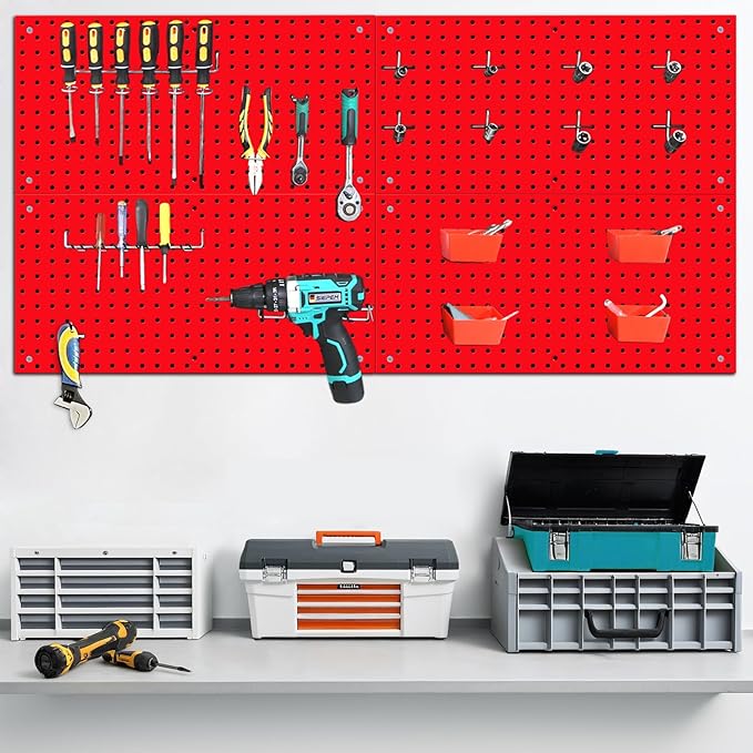 Peg Board,Pegboard Rack Garage Storage Steel Horizontal Peg Board Pack,Steel Pegboard Heavy Duty- 4 Pack 12-Inch X 24-Inch Metal Peg Board Tool Organization Panels (Red)