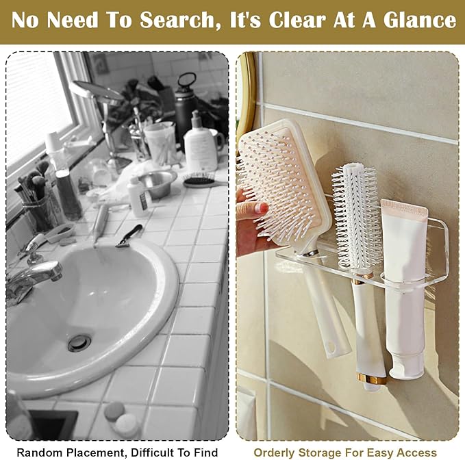 Bathroom Hair Brush Holder Wall Mounted Hair Brush Organizer with 3 Holes Non Perforated Wall Mounted Shaver Storage Rack for Combs, Curling Irons, Razors