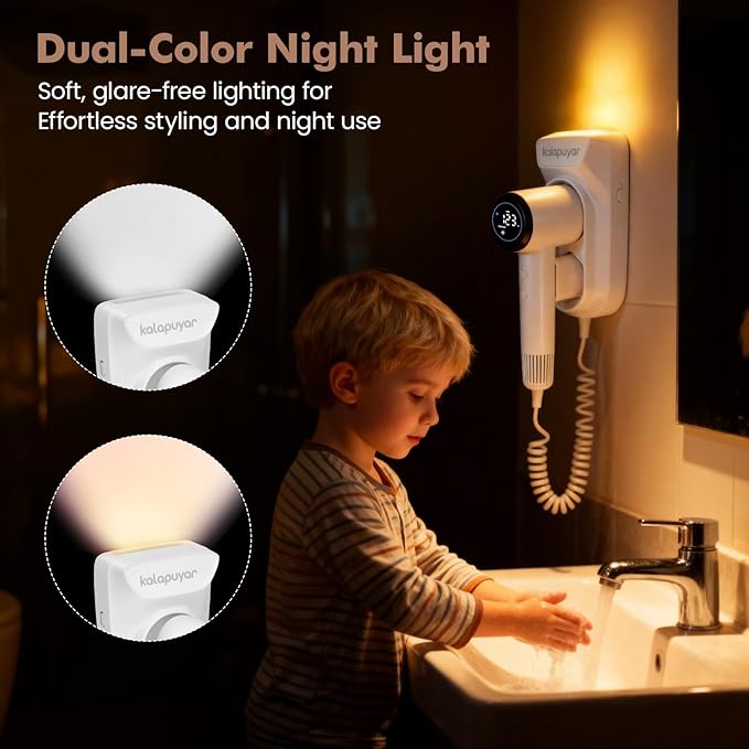 2025 Wall-Mount Hair Dryer 4 Heat 2 Speed Settings High-Speed 1600W Bathroom Blow Dryer with LED Nightlight White