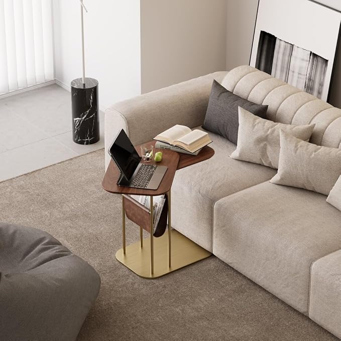 LOVEDIMA C-Shaped Walnut & Gold Rotating Side Table with Storage - 360° Swivel Top,Built-in Magazine Rack,Modern End Table for Sofa/Bedside