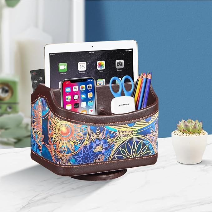 Remote Control Holder, Swivel TV Remotes Caddy for Table, Desk Accessories and Workspace Organizer for Controllers/ Art Supplies/ Stationery, Night Stand Organizers and Decorations for Living Room