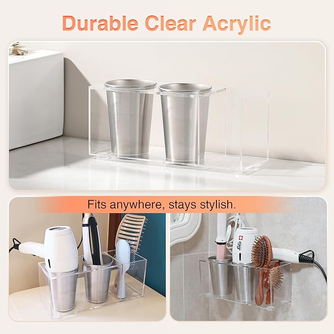 Acrylic Hair Tool Organizer, Curling Iron Holder Countertop, Hair Dryer Organizer Under Sink Wall Mount, Hot Tools Holder for Vanity Bathroom, Clear