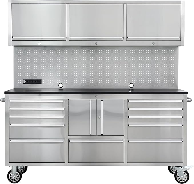 CT Copper Tailor 72-Inch Rolling Tool Chest with 11 Drawers & 4 Cabinets, Pegboard, Power Strip,LED Light,Mobile Workbench for Garage,Workshop,Stainless Steel