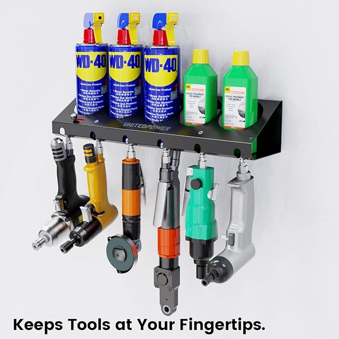 UNITEDPOWER Pneumatic Tool Holder Lockable/Aerosol Rack Combo, Wall Mounted Spray Can Bottle Holder, Air tool organizer, for Garage and Workspace, 5 Cans and 6 slots