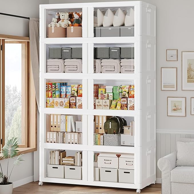 1000Qt Stackable Storage Bins with Lid and Wheel, 250Gal Plastic Closet Organizer and Storage Drawer, Large Collapsible Storage Box Cabinet with Clear Door for Home Kitchen Office, 5Pack White