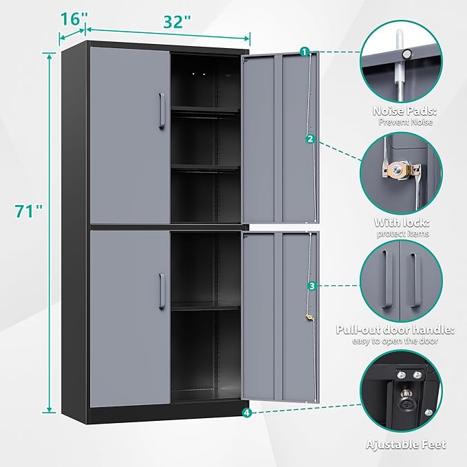Metal Storage Cabinets with Doors and Shelves,71" Metal Garage Storage Cabinet with Lock,Gray Steel Cabinet with Locking Doors,4 Door Lockable Storage Cabinets for Garage,Home,Office