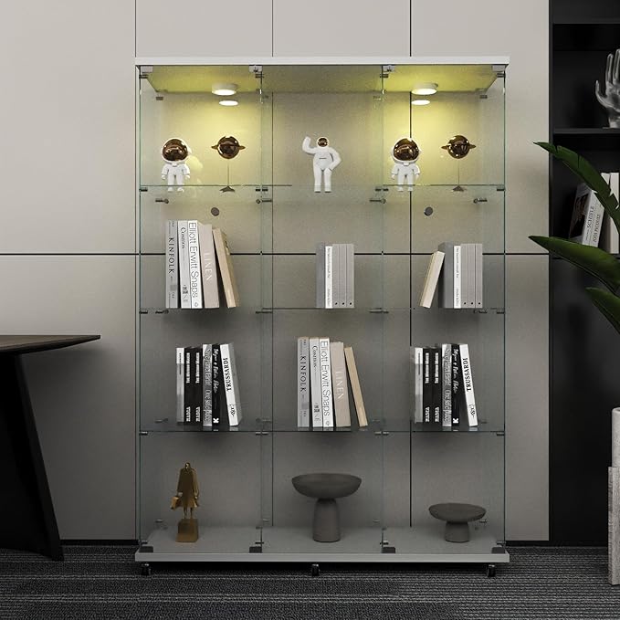 Beauty4U Glass Display Cabinet with LED Lights, Extra Large 3 Columns 2 Doors Curio Cabinets with 12 Shelves for Living Room, Bedroom, Office, White Floor Standing DIY Glass Bookshelf