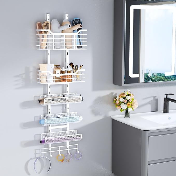 Consumest 6-Tier Hair Tool Organizer - Hair Dryer Holder Over The Door/Wall Mounted DIY Adjustable Shelf Bathroom Door Organizer with Hook for Curling Iron/Blow Dryer/Straightener White