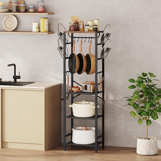 4-Tier Pot Rack, Pots and Pans Organizerand for Kitchen, Lid Organizer Rack with U-Shaped Lid Holders, Kitchen Storage Shelf for Standing Cookware, Rustic Brown and Black POHR3001