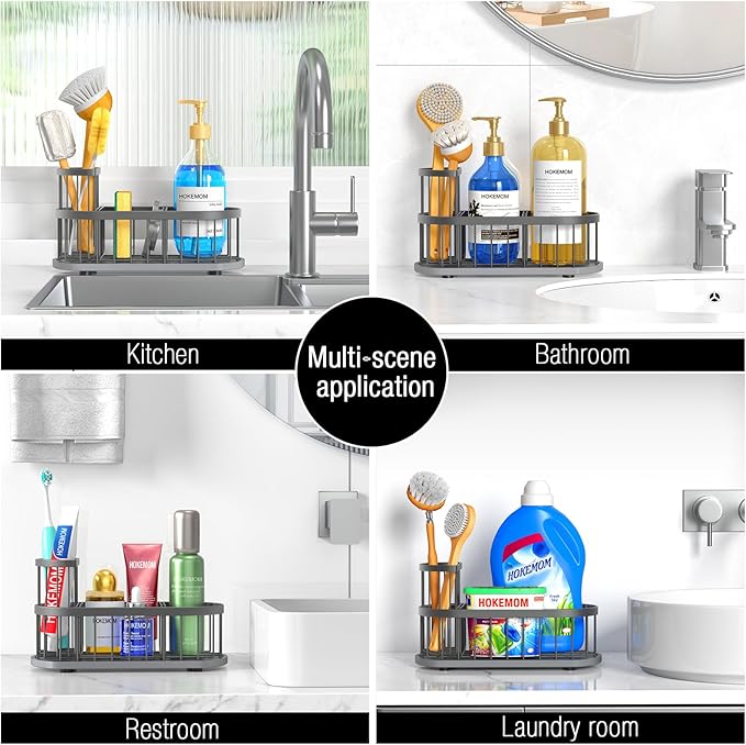 Kitchen Sink Organizer with Sponge Holder & Brush Holder - Drain-Free Non-Slip Base, 2.6mm Stainless Steel with Grey Rust-Resistant Coating - Easy Install & Clean Kitchen Sink Caddy