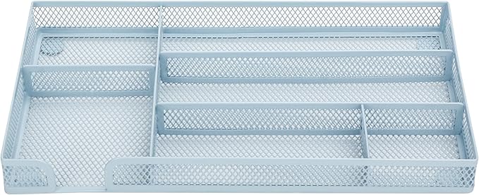 Annova Desk Drawer Organizer/Storage Tray - Metal Mesh with Dividers for Pens, Desktop Accessories, Bathroom, Kitchen, Makeup and Office Supplies (Small, Morandi Blue)