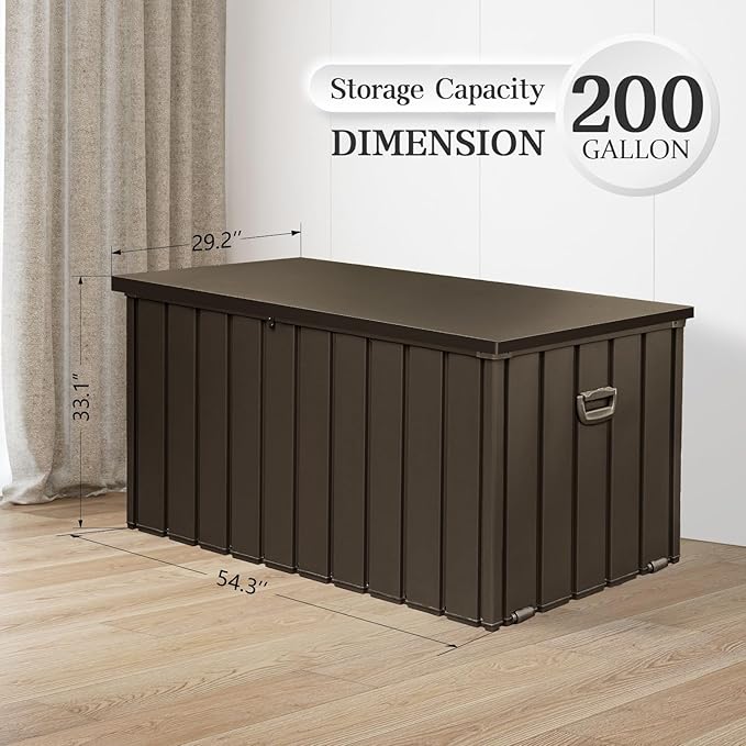 Domi 200 Gallon Metal Deck Box Waterproof, Outdoor Storage Box with Lock Wheels Side Handles Outside Storage Box for Patio Cushions, Shoes & Pool Tools