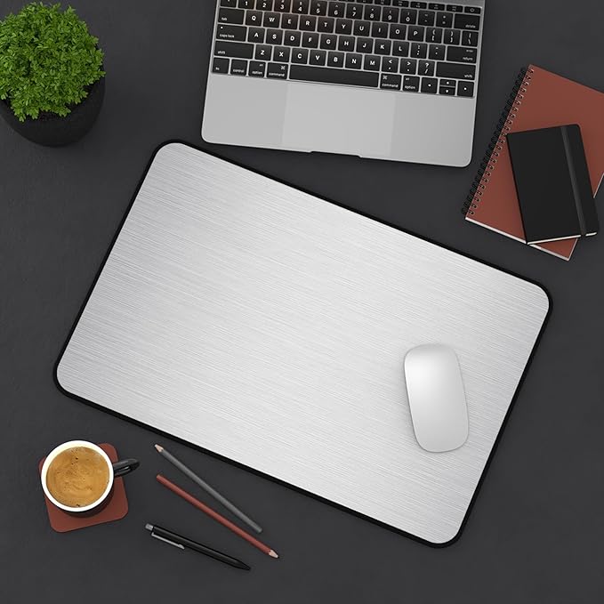 Brushed Metal Texture Desk Mat - Extended Mouse Pad & Desk Pad, Neoprene Surface, Non-Slip Rubber Base, Stitched Edges, Desk Protector for Keyboard & Mouse (Silver, 12x18)
