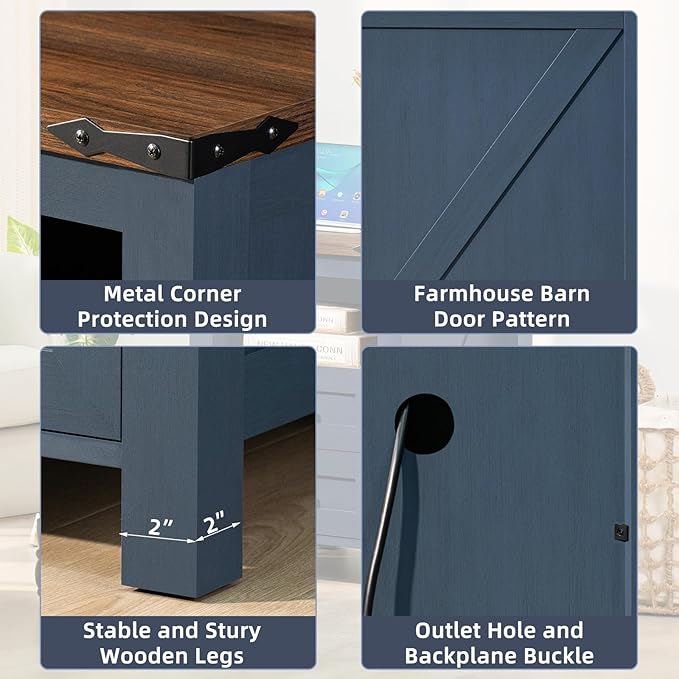 Nightstands Set of 2 with Charging Station, Farmhouse Night Stand with 2 Drawers and Shelf Storage, Wooden Side End Table, Bedside Cabinet for Bedroom, Living Room, Closet,Office (Blue)