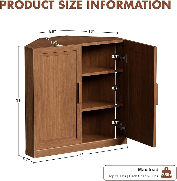 Casaphoria Farmhouse Corner Cabinet, Wooden Corner Storage Cabinet with Adjustable Shelves, Narrow Storage Organizer for Small Space, 31" H x 31" W x 16" D, 44Lb, Walnut