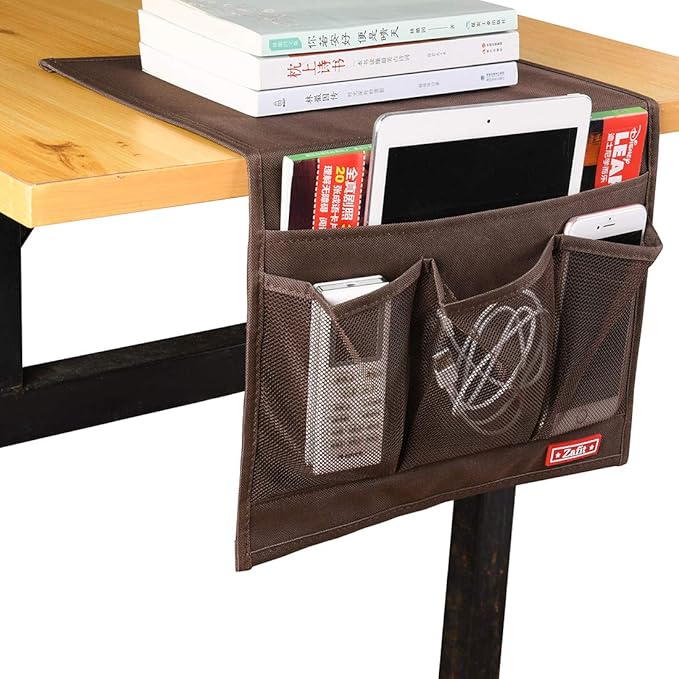 Bedside Storage Organizer - Table Cabinet Organizer Caddy for Remotes, Phone, Glasses (Classic 4 Pockets - Coffee)