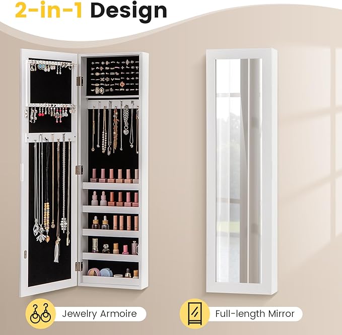 LOKO 42” Mirrored Jewelry Cabinet, Wall/Door Mounted Hanging Jewelry Armoire Organizer with Full-length Mirror, Soft Lining, 5 Storage Shelves for Accessories & Cosmetics, Christmas Gift (White)