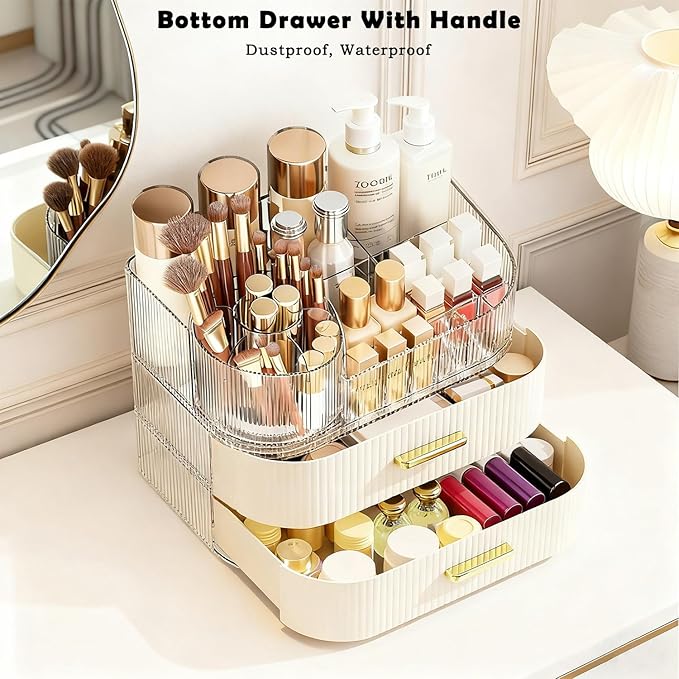 Makeup Organizer for Vanity with Stackable Drawers, 360 Rotating Makeup Brush Holder Large Cosmetic Display Case for Dresser, Bathroom Countertop Skincare Organizers and Storage (3-layer)
