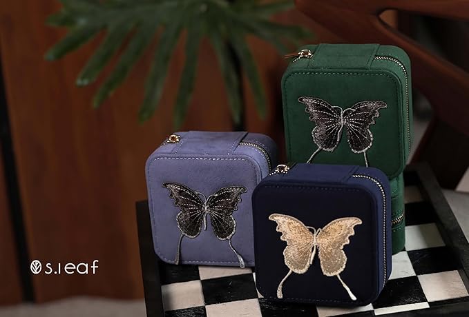S.Leaf Travel Jewelry Organizer Boxes for Women Small Portable Necklace Earrings Bracelet Rings Travel Case Best Friend Birthday Gifts for Women Trendy (Butterfly_Lavender_Gold)