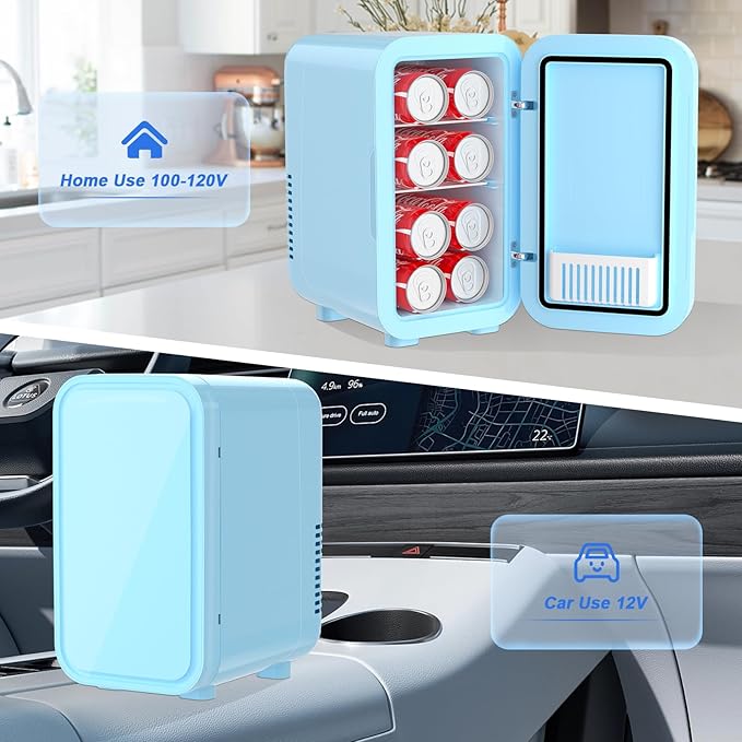 Mini Fridge, 6 Liter/8 Can 110V AC/DC Portable Thermoelectric Cooler Refrigerators for Bedroom, Skincare, Beverage, Office, Dorm Room and Car, Blue