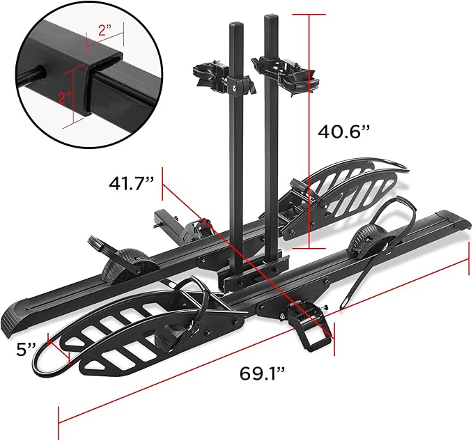 Hitch Mount 2 EBike Rack, 200 lbs Capacity Electric Bike Carrier Foldable Platform Mount, Up to 5-inch Fat Tire Bicycle for 2'' Receiver Cars Trucks SUVs Minivans RV, Trailer
