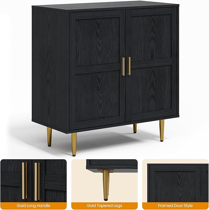 RoyalCraft 2-Door Storage Cabinet, Modern Wood Credenza with Adjustable Shelves, Freestanding Buffet Sideboard Cabinet for Living Room, Bedroom, Dining Room, Entryway, Black