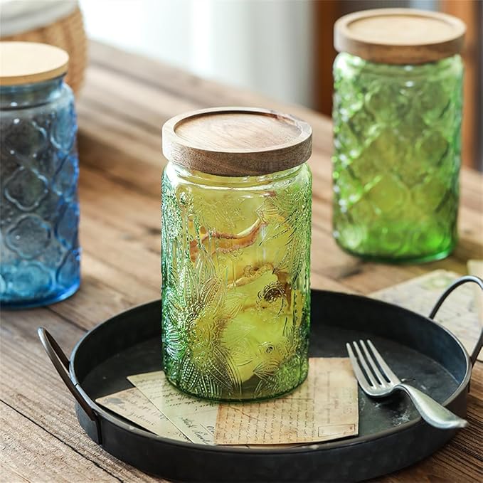 Set of 2 Vintage Glass Storage Containers, Green Glass Jars with Solid Wood Lids, 34 FL OZ Decorative Jars for Kitchen Storage Cabinets for Coffee, Jam, Nuts, Pasta, Cookie (Green Sunflower)