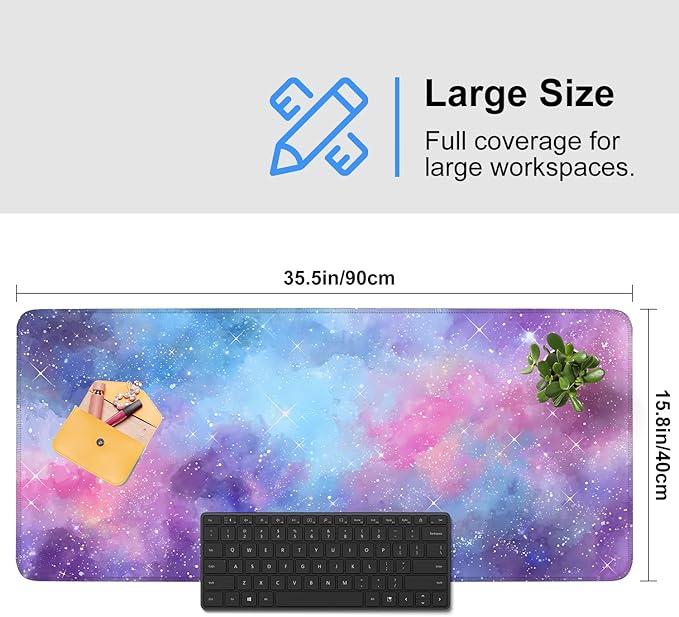 Galaxy Mouse Pad Large, Extended Gaming Desk Mat – 335.43 x 15.75 in – Watercolor Nebula Starry Sky Design, Stitched Edges, Non-Slip Base, Keyboard and Mouse Pad for Office & Home