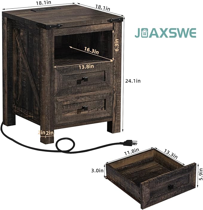 Nightstands Set of 2 with Charging Station, Farmhouse Night Stand with 2 Drawers and Shelf Storage, Wooden Side End Table, Bedside Cabinet for Bedroom, Living Room, Closet,Office (Dark Drey)