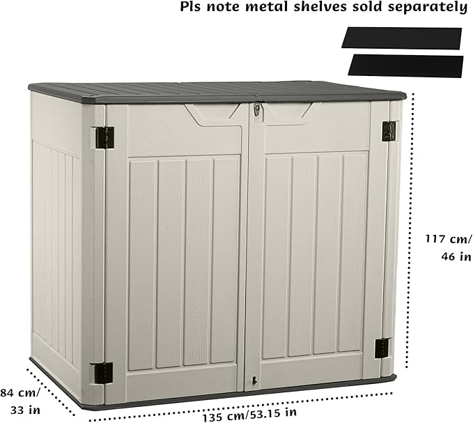 EHHLY Horizontal Resin Storage Shed, 47 Cuft Garden Tool Sheds & Outdoor Storage, Outdoor Plastic Storage Cabinet Waterproof, 4.5 x 2.8 ft Backyard Outside Lawn Mower Storage Shed, Vanilla
