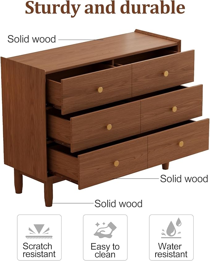 6 Drawer Dresser for Bedroom,41.2" W Wood Chest of Drawers with Large Storage Cabinet, Mid-Century Dressers for Closet Kitchen, Sideboard