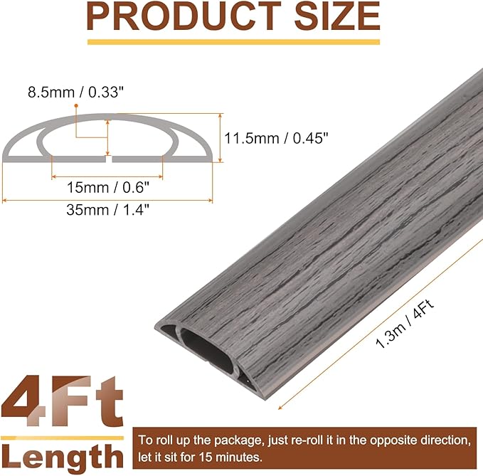 HARFINGTON 4ft Cord Cover Floor W0.6 x H0.33 Inner Channel PVC Hide Extension Cable Floor Wire Hider Wire Covers Protector for Prevent Cable Trips Cables Management, Dark Grey