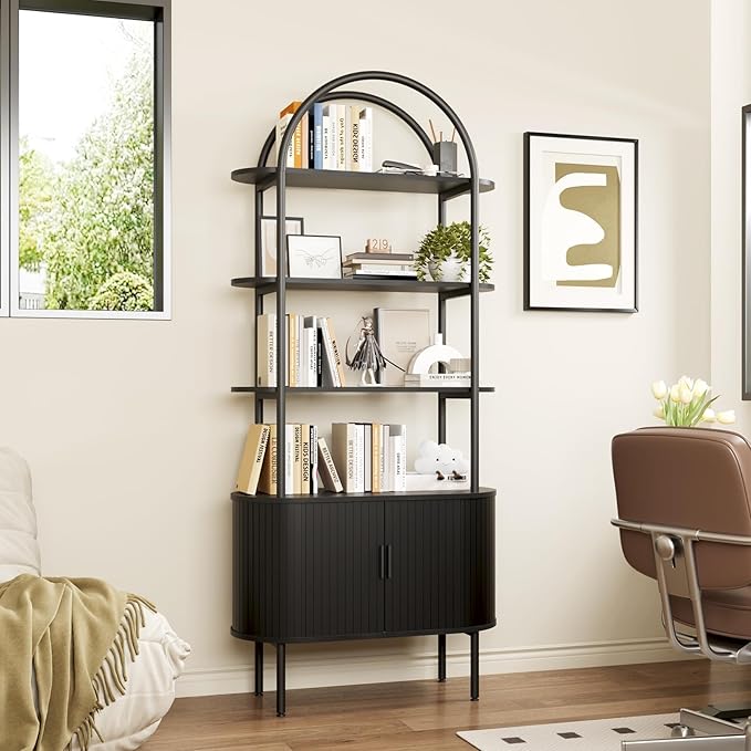 BREEZEHEAT 71" Tall Fluted Arched Bookshelf, Modern Bookshelf with Sliding Tambour Doors, 4-Tier Storage Shelf, and Metal Frame, Curved Cabinet for Living Room, Home Office, Bedroom, Black