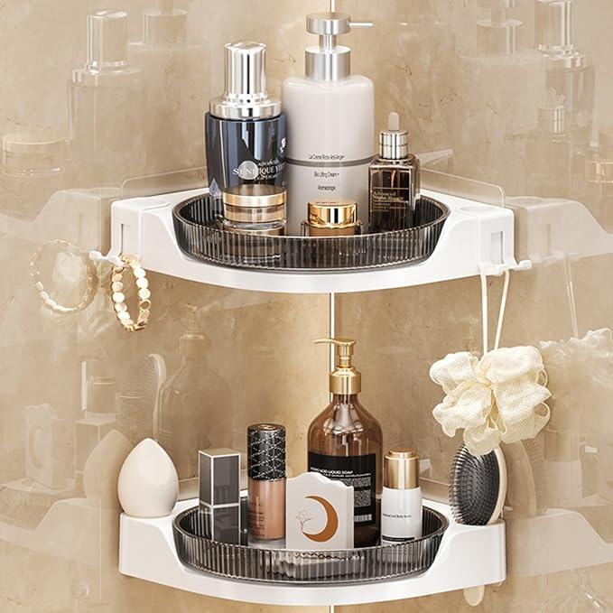 360 Rotating Makeup Organizer Spinning Bathroom Organizer 1 Pack Corner Storage Organizer with Hooks for Perfume Lotion Skincare Organizer Countertop Kitchen Storage(Smoky Grey)