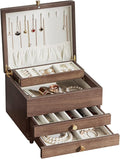 Wooden Jewelry Box, 3 Layer Large Jewelry Organizer for Women, Jewelry Storage, for Necklaces Rings Earring Watches Bracelets, Black Walnut Wood, Christmas Gifts