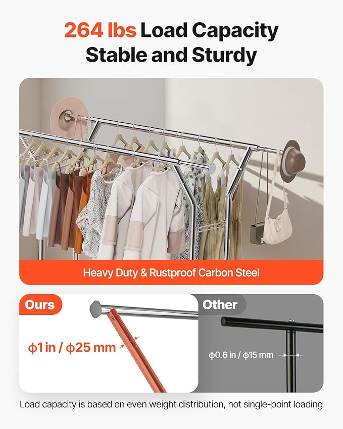 VEVOR Clothes Rack, Rolling Clothing Garment Rack, Extendable Carbon Steel Clothing Racks with Wheels for Bedroom, Laundry, Living Room
