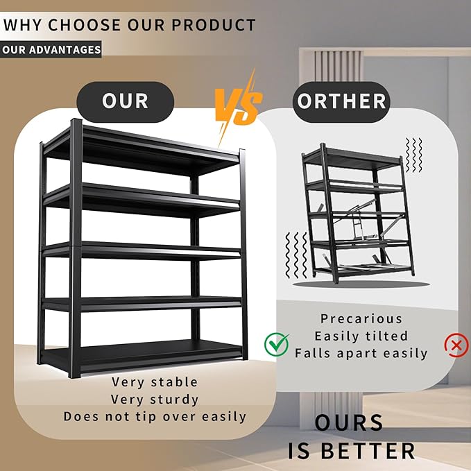 72 "H / 46" W Garage Shelving Heavy Duty Storage Shelves Adjustable Garage Shelves 5 Tier Metal Shelving Unit Utility Rack Shelf for Storage Kitchen Warehouse Pantry, Black 72 "H x 46"W x 19.7" D