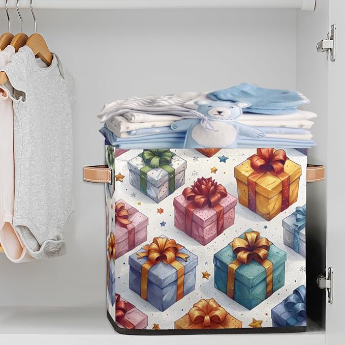 TropicalLife 13x13x13 Inch Large Fabric Storage Cube Holiday Gifts Box Pattern Foldable Storage Bin with Handles Organizer Boxes Cube Basket for Shelves Organizing Closet