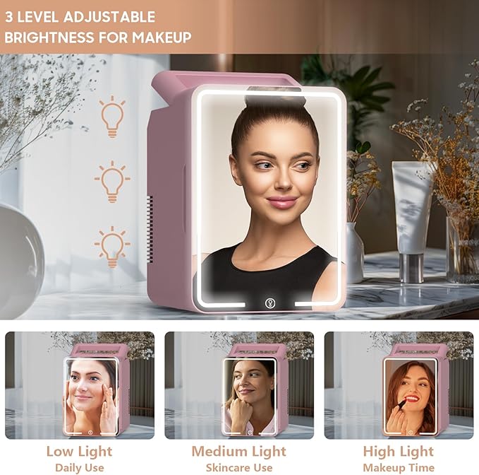 advwin 12L Mini Skincare Fridge with Dimmable LED Light Mirror, Makeup Fridge for Cooler & Warmer, Cosmetics, Beauty, Food & Drinks, Portable Small Refrigerator for Bedroom, Office, Dorm (12L pink)