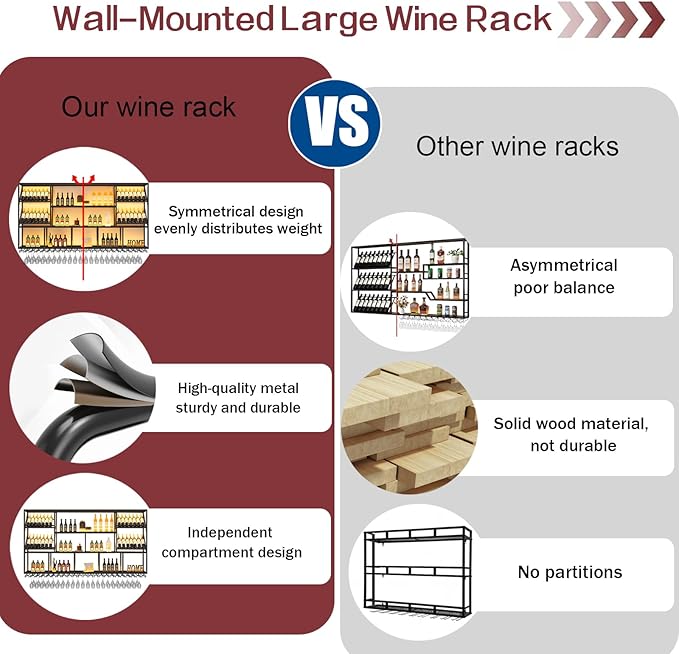 3 Tier Large Wine Rack Wall Mounted with Glass Holder, Black Modern Iron Liquor Shelf, 78.7 Inch Large Wine Bottle Display Shelf, for Kitchen Dining, Home Bar, Cellar (78.7" W)