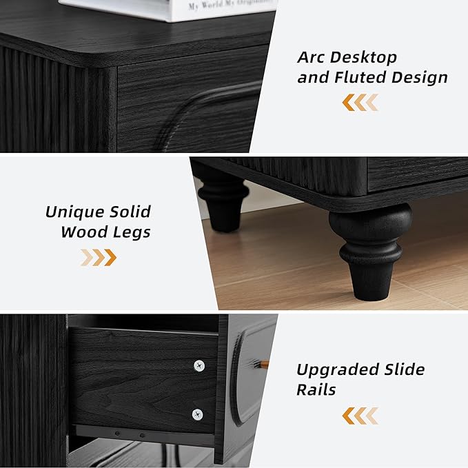 9 Drawer Fluted Dresser for Bedroom, Mid Century Modern Chest of Drawers, Wood Storage Small Dresser Organizer for Bedroom Living Room Hallway Closet, Black