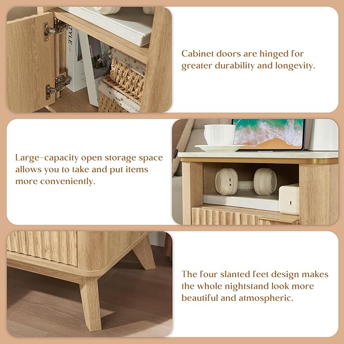 QUW Fluted Nightstands Set of 2 with Charging Station, 18" Modern Side Table, Wooden Bedside Table with Faux Marble Top, Open Storage, Cabinet, End Table for Bedroom, Living Room, Natural Oak