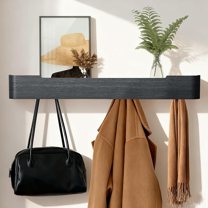 Wall Coat Rack Floating Shelves Modern Coat Rack Wall Mount with Storage Entryway Shelf Wooden Hanger 20 Inch 4 Hidden Metal Hooks for Living Room Bedroom (Black, 8 Hooks)