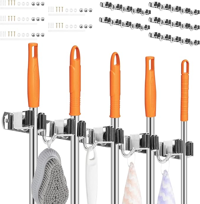 5 Pack Broom Holder Wall Mount 5 Racks 4 Hooks Stainless Steel Broom Mop Holder Anti Slip Storage Rack Strong Load Bearing Waterproof Broom and Mop Organizer Wall Hanging for Bathroom Kitchen Garage
