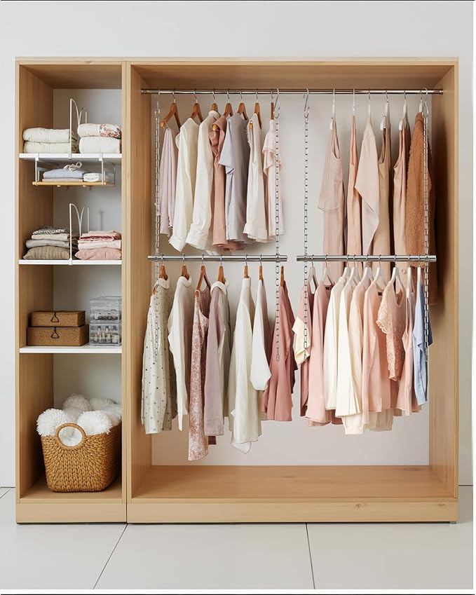 Hanging Closet Rod, Adjustable Width and Height Closet Rods Extender, 17-28inch Heavy-Duty Stainless Steel Bar, Space-Saving Closet Rod Hanging Clothes, 2Pack(Silver)