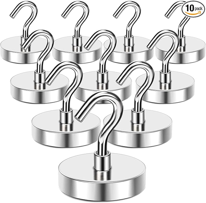 MIKEDE Magnetic Hooks Heavy Duty, 170LB+ Strong Neodymium Magnets with Hooks for Refrigerator, Large Magnetic Hooks with Epoxy Coating for Hanging, Home, Workplace - 10 Pack