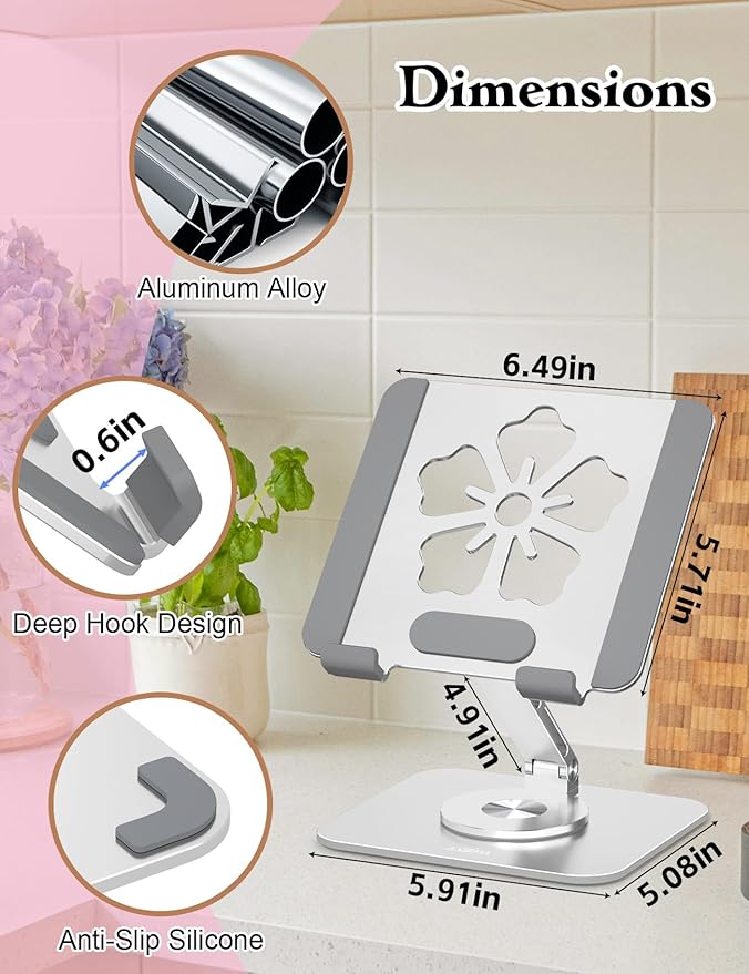Tablet Stand for iPad, 360° Rotating Aluminum Foldable Holder – Adjustable Desk Stand | Fits iPad Pro 12.9/11,Samsung Galaxy Tab – Portable for Home, Office & Travel,Silver