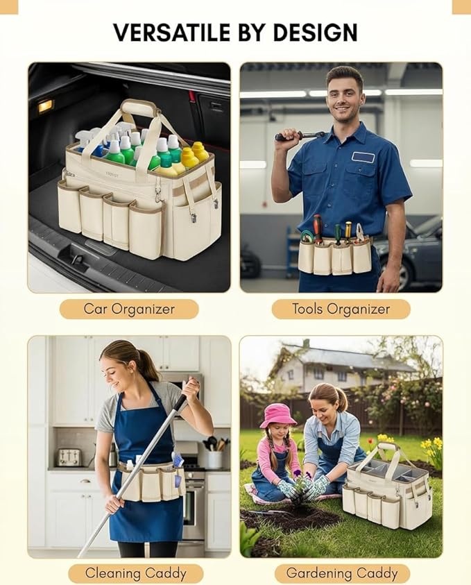 Ytonet Cleaning Caddy Bag with Detachable Apron, Extra Large Cleaning Supplies Organizer with Foldable Dividers, Portable Cleaner Tote with Handle, Cleaner Caddy for Kitchen, Detailing Bag, Apricot